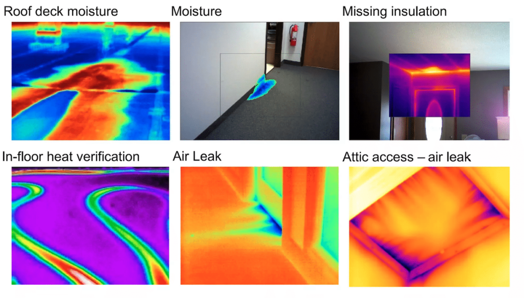 Examples of diagnostic hot spots: roof deck moisture, wall/floor moisture, missing insulation, in-floor heat verification, air leak, and attic access air leak.